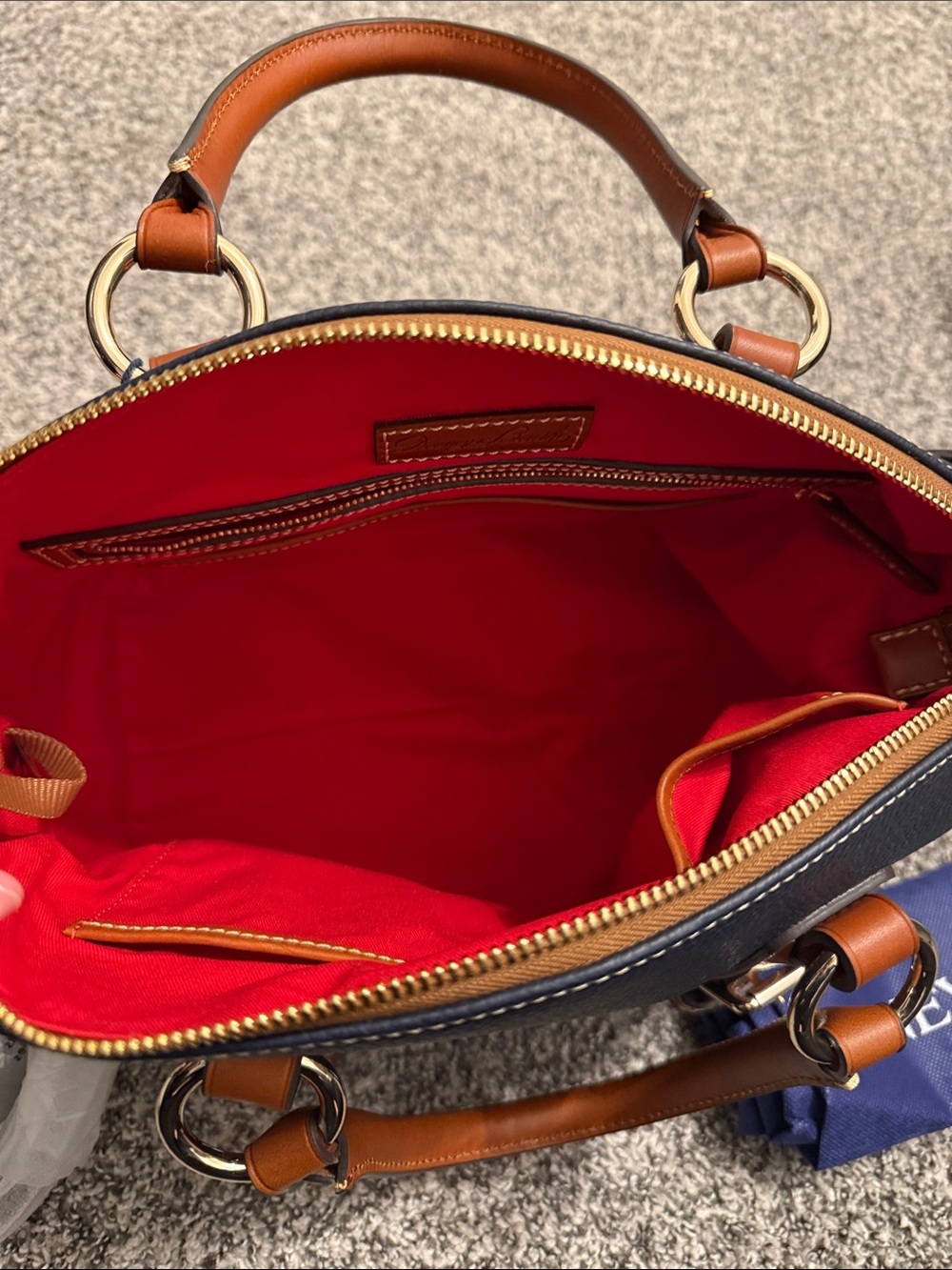 Dooney & Bourke Navy Leather Satchel with Brown Trim - Picture 3 of 5